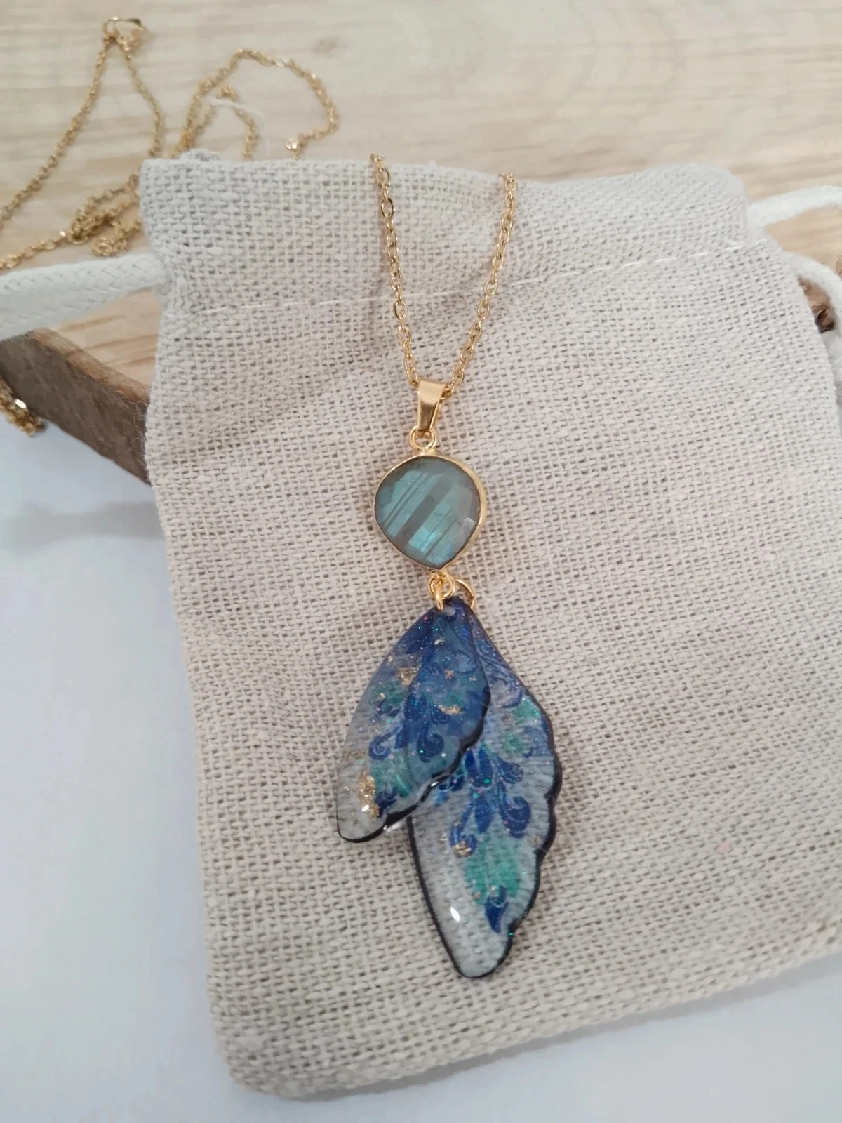 Collier labradorite ailes de papillons bleues + carte offerte – photo 3